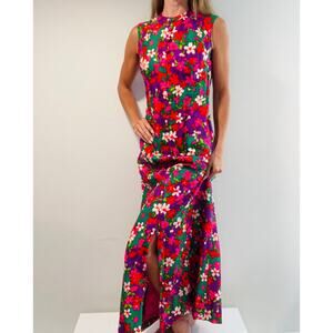 1970 Vintage Sleeveless Maxi Dress Groovy Psychedelic Floral Pink Purple S JL